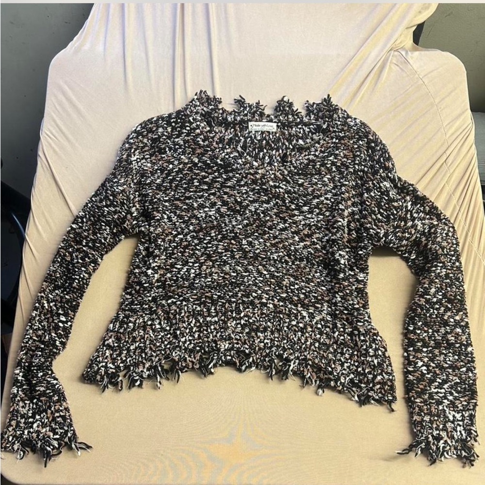 Women's Black and White Fringed Sweater